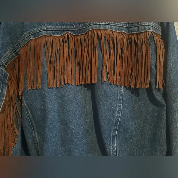 Womens Jean Denim Suede Fringe Western Cowgirl Rodeo Jacket Large Rock n Roll - Picture 14 of 16